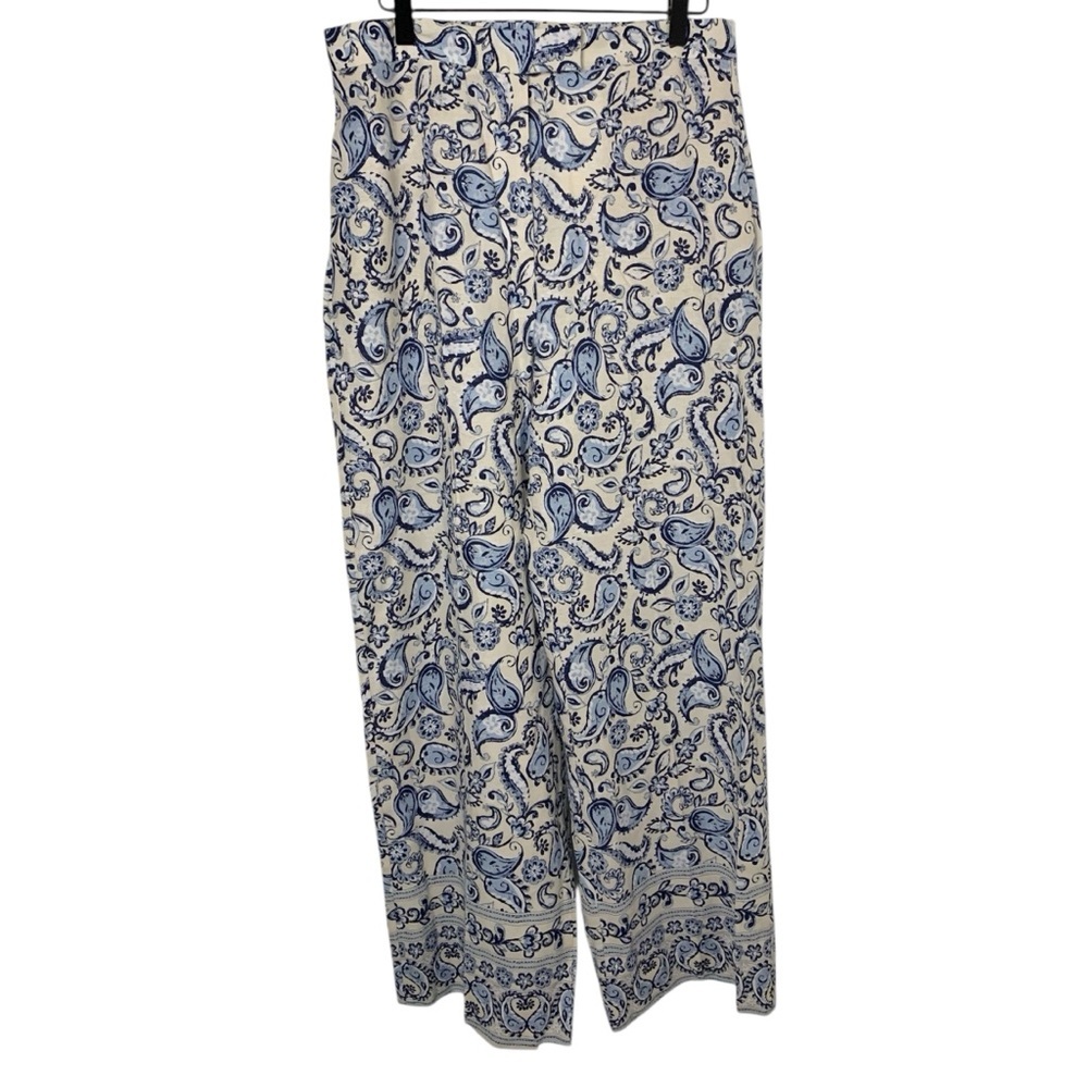 NWT Zara Blue & Cream Women’s XL Linen Blend Wide Leg Floral Paisley Pants